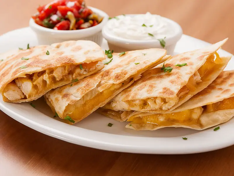 Grilled chicken quesadilla slices filled with melted cheddar, served with sour cream and pico de gallo at Wilson’s Bar & Grill in Hilliard, OH