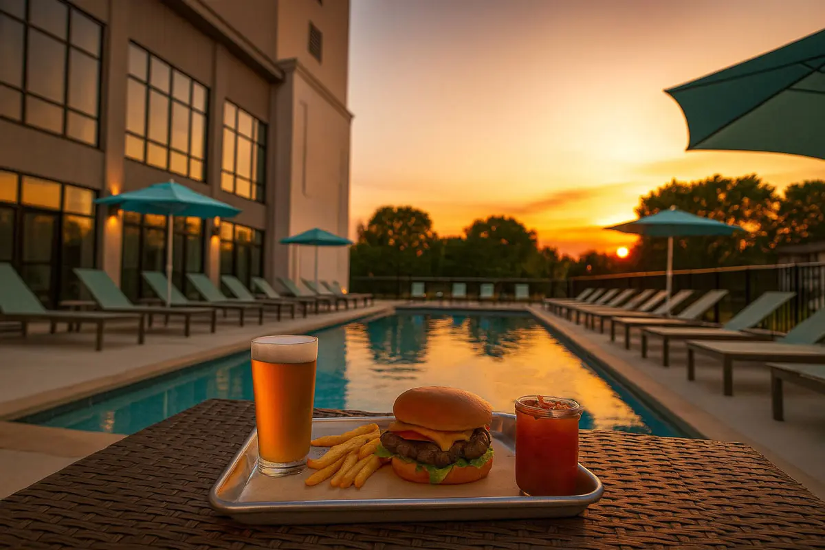 Burger, fries, and cocktails delivered poolside at Landmark Lofts in Hilliard, Ohio during sunset