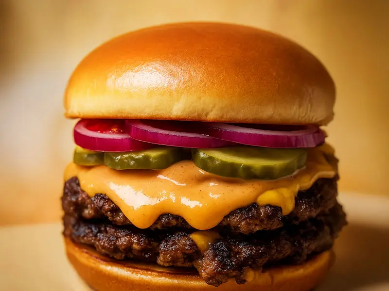 Double smashburger with melted cheese, pickles, onions, and signature EryTang sauce on a brioche bun at Wilson’s Grill in Hilliard, OH