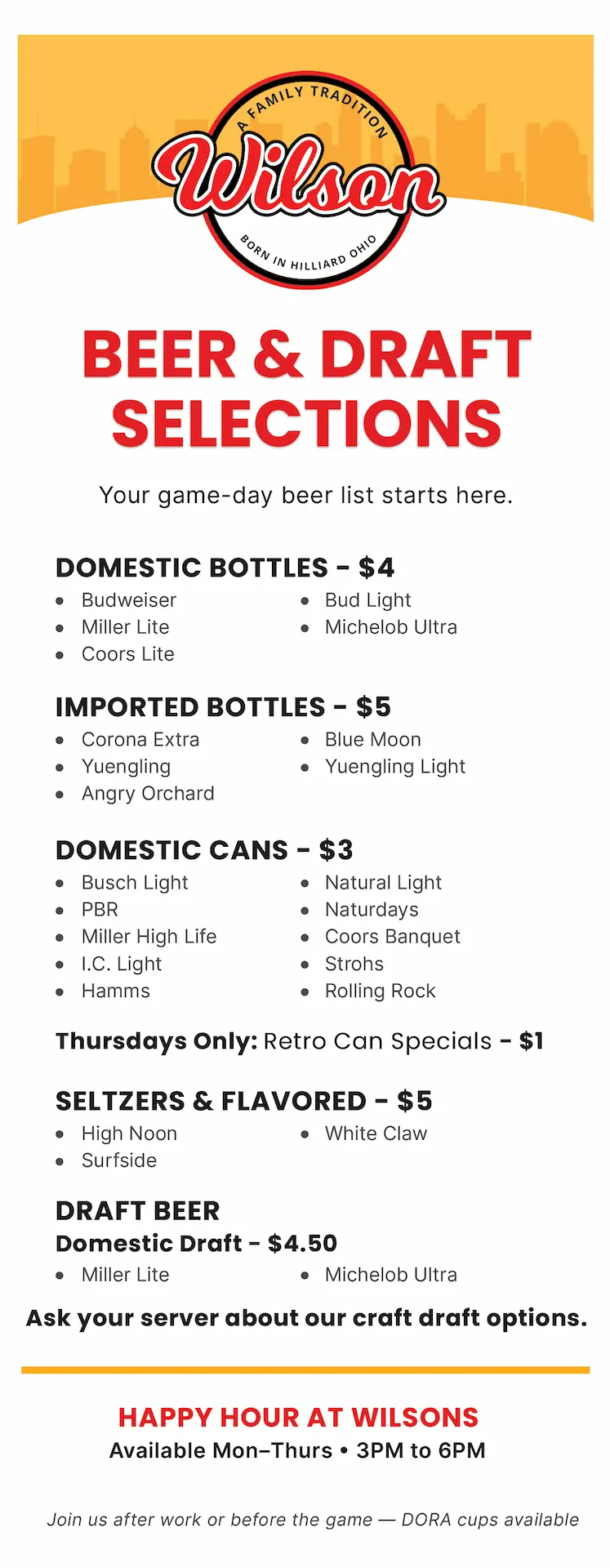 Wilson’s Bar & Grill drink menu with beer, draft selections, seltzers, and signature cocktails in Hilliard, Ohio