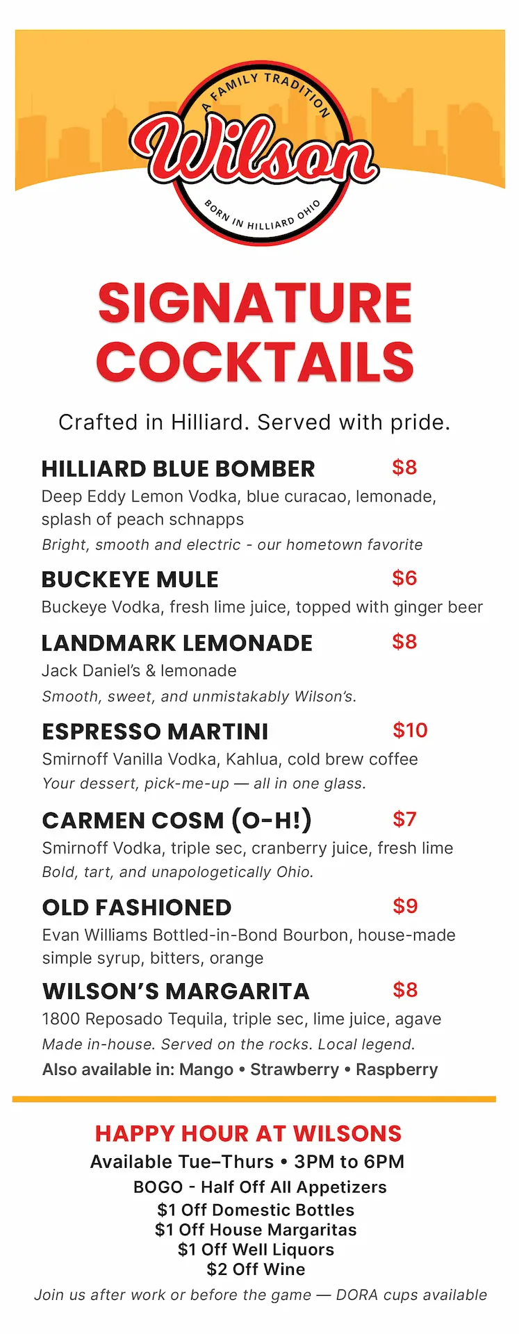 ilson’s Bar & Grill food menu with smash burgers, wings, Tex‑Mex, handhelds, and appetizers in Hilliard, Ohio