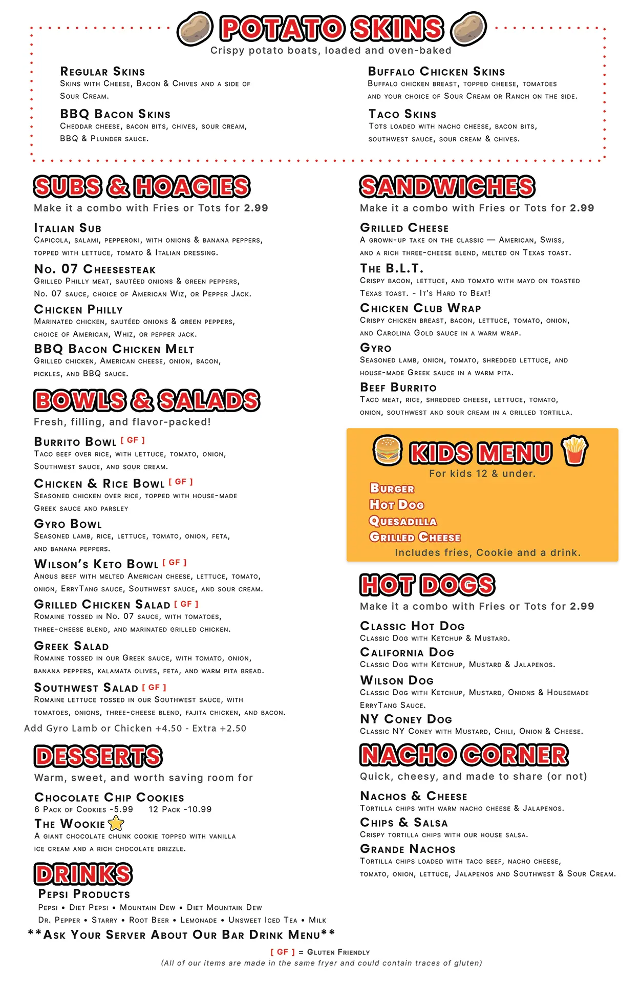 Back of Wilson’s Bar & Grill menu in Hilliard, Ohio featuring drinks, desserts, and specials