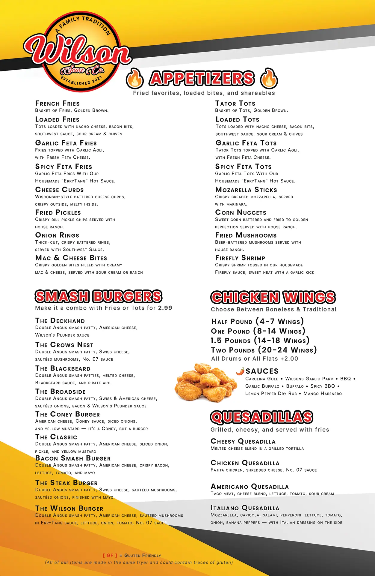 Front of Wilson’s Bar & Grill menu in Hilliard, Ohio featuring burgers, wings, and Tex-Mex dishes