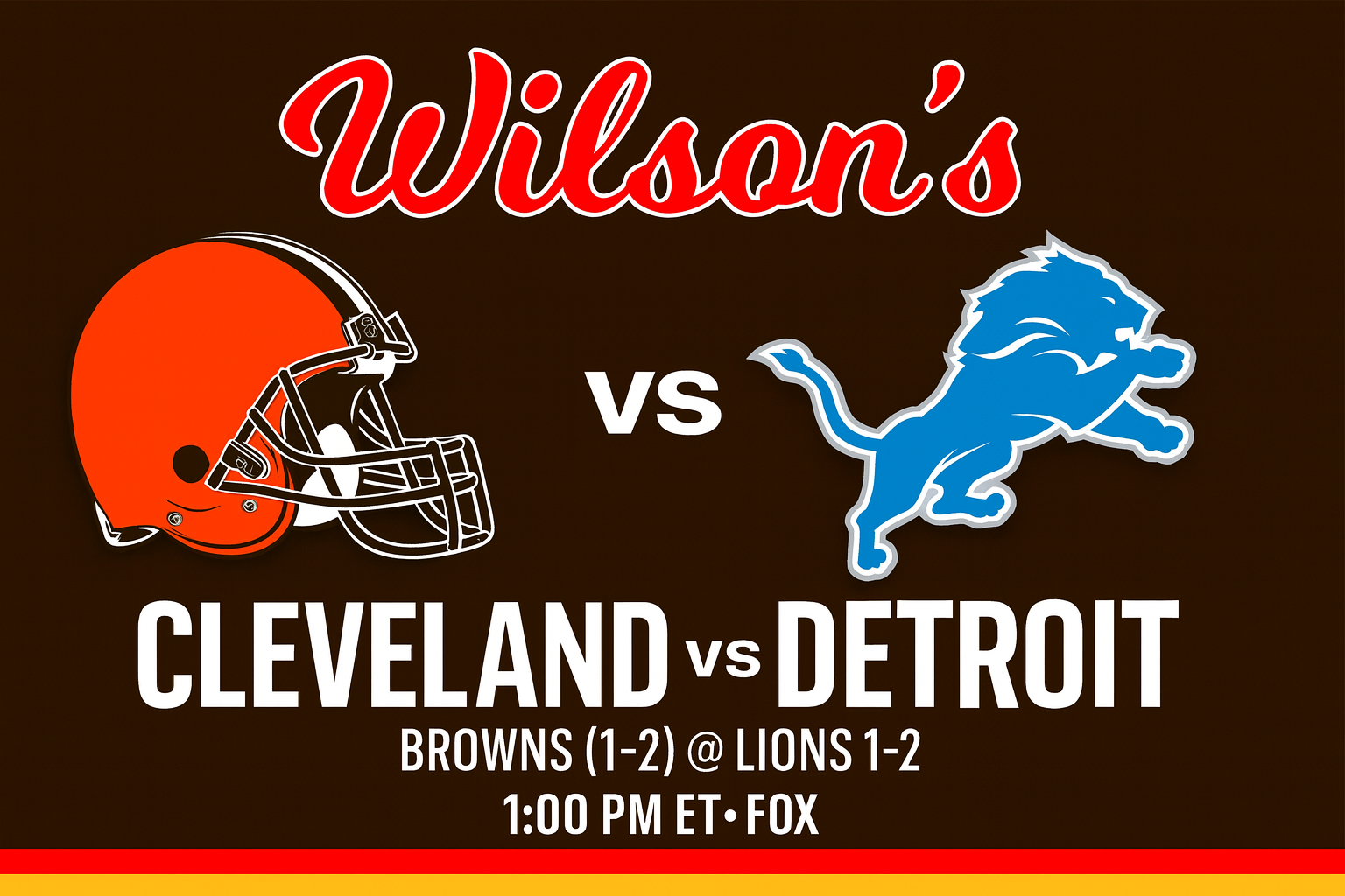 Cleveland Browns vs Detroit Lions NFL Watch Party at Wilson’s Bar & Grill in Hilliard. Kickoff at 1:00 PM ET on FOX with food, drinks, and game-day specials.