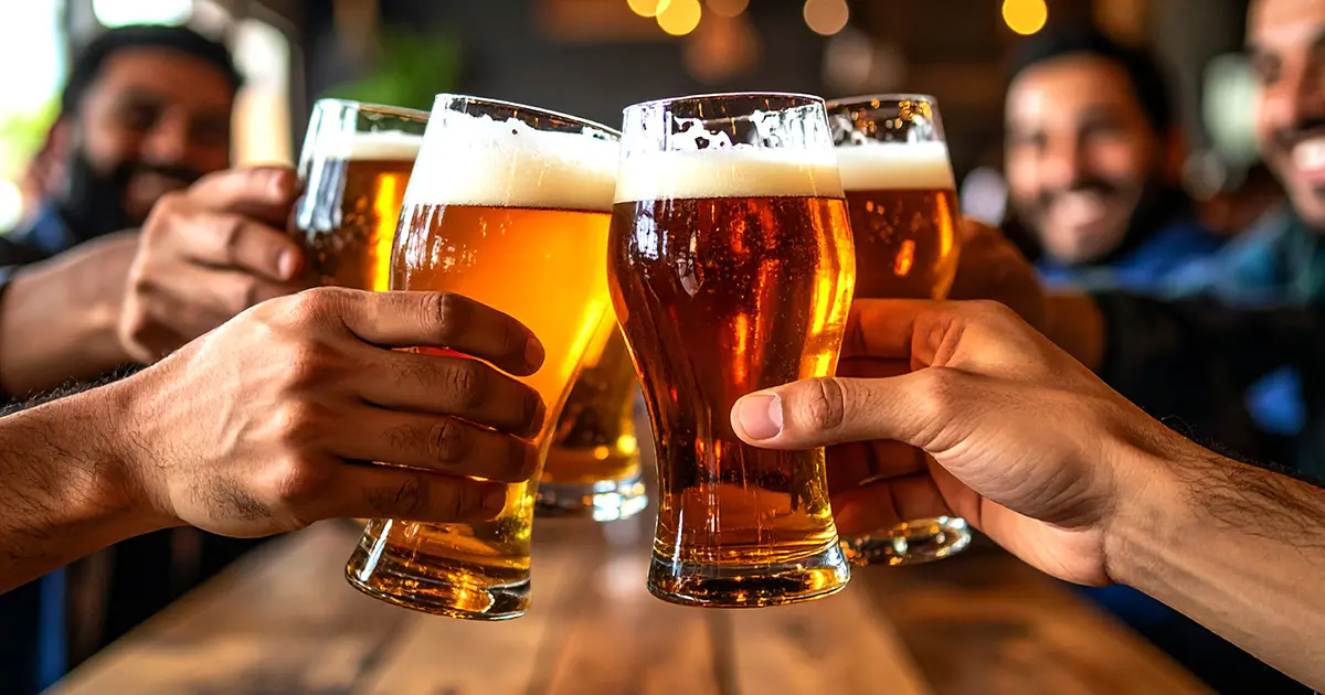 Friends clinking glasses of beer during happy hour at Wilson’s Bar & Grill in Hilliard, Ohio