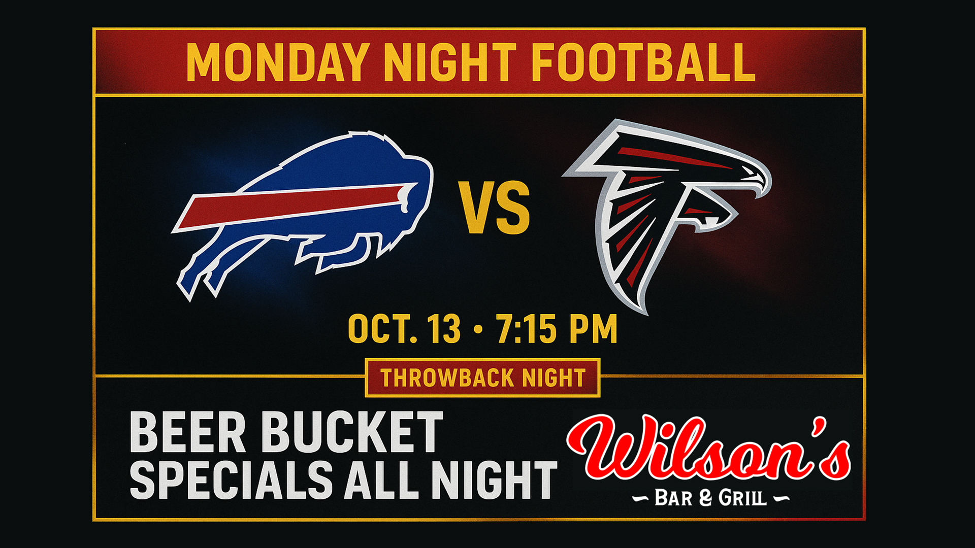 Featured image for “Bills vs Falcons Watch Party in Hilliard, Ohio | Monday Night Football at Wilson’s Bar & Grill”