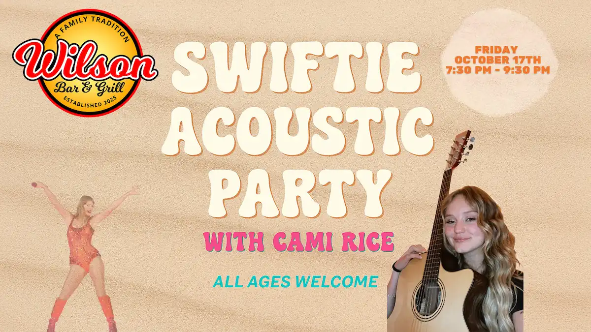 Cami Rice performing with acoustic guitar at Wilson’s Bar & Grill during Swiftie Acoustic Party in Hilliard, Ohio.