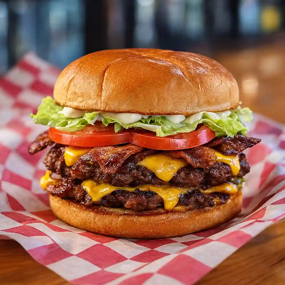 Bacon smash burger with American cheese, crispy bacon, tomato, lettuce, and mayo on a toasted bun at Wilson’s Bar & Grill in Hilliard Ohio