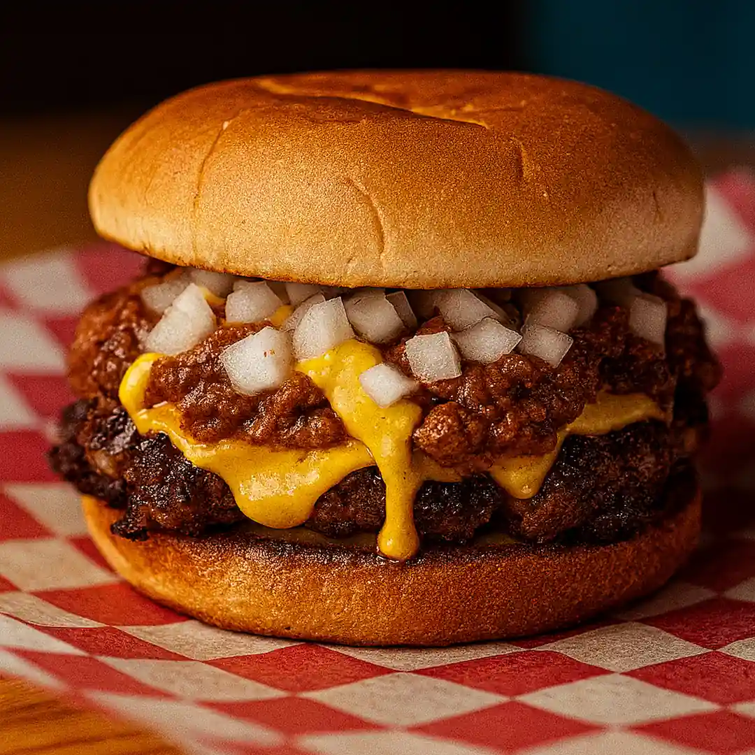 Coney Smash burger topped with chili sauce, mustard, and diced onions on a smash burger patty at Wilson’s Bar & Grill in Hilliard Ohio