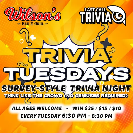Survey-Style Trivia Tuesdays at Wilson’s Bar & Grill in Hilliard Ohio – All ages welcome, win $25 $15 $10, every Tuesday at 6:30 PM