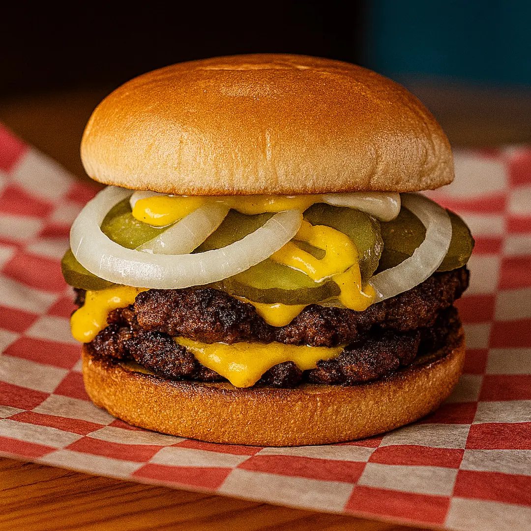 Classic smash burger with seasoned beef patties, melted American cheese, pickles, onions, and mustard on a toasted bun at Wilson’s Bar & Grill in Hilliard Ohio