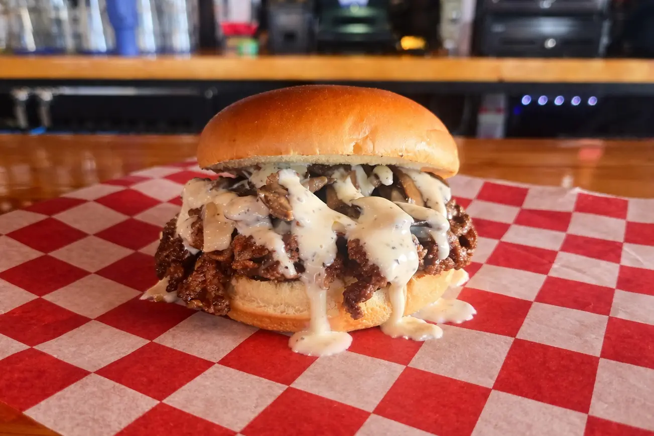 Crow’s Nest mushroom and Swiss smash burger served at a Hilliard Ohio bar and grill