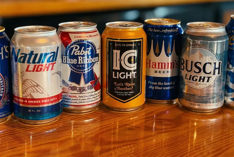 A lineup of retro beer cans at Wilson’s Bar & Grill in Hilliard for the Thursday $1.50 beer special.