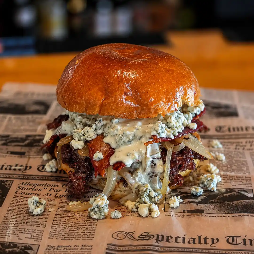 Hilliard Blue Cheese Smash burger with bacon, sautéed onions, blue cheese sauce and crumbled blue cheese at Wilson’s Bar & Grill in Hilliard, Ohio.