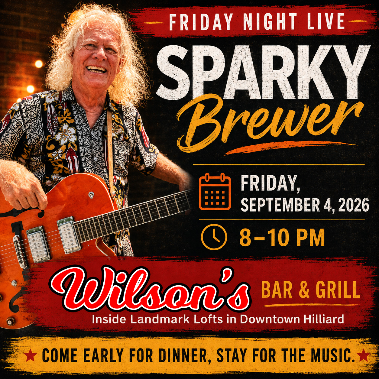Sparky Brewer performing live music in Hilliard on September 4, 2026, from 8–10 PM at Wilson’s Bar & Grill.