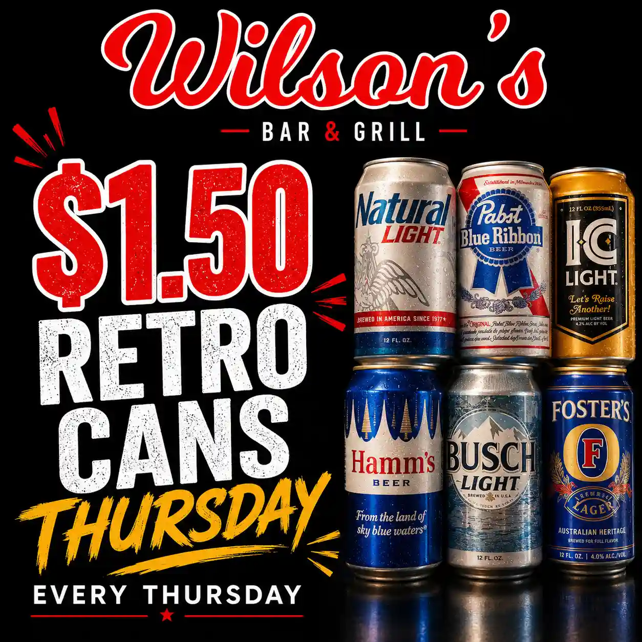 $1.50 Retro Can Thursday beer special at Wilson’s Bar & Grill in Hilliard
