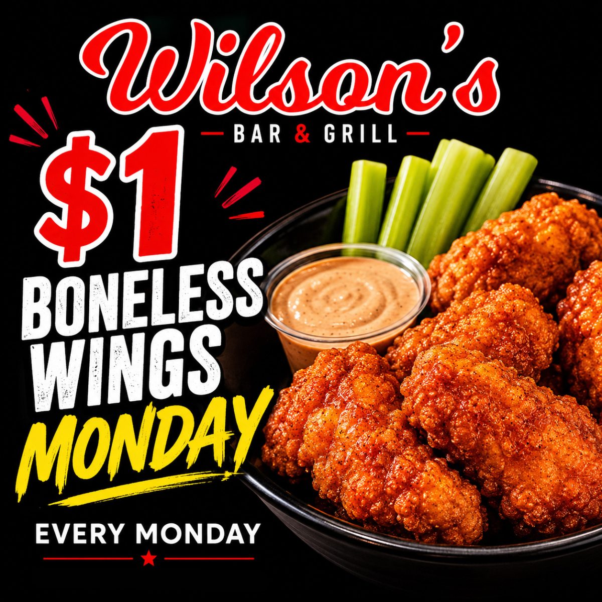 $1 hand-breaded boneless wings Monday special at Wilson’s Bar & Grill in Hilliard
