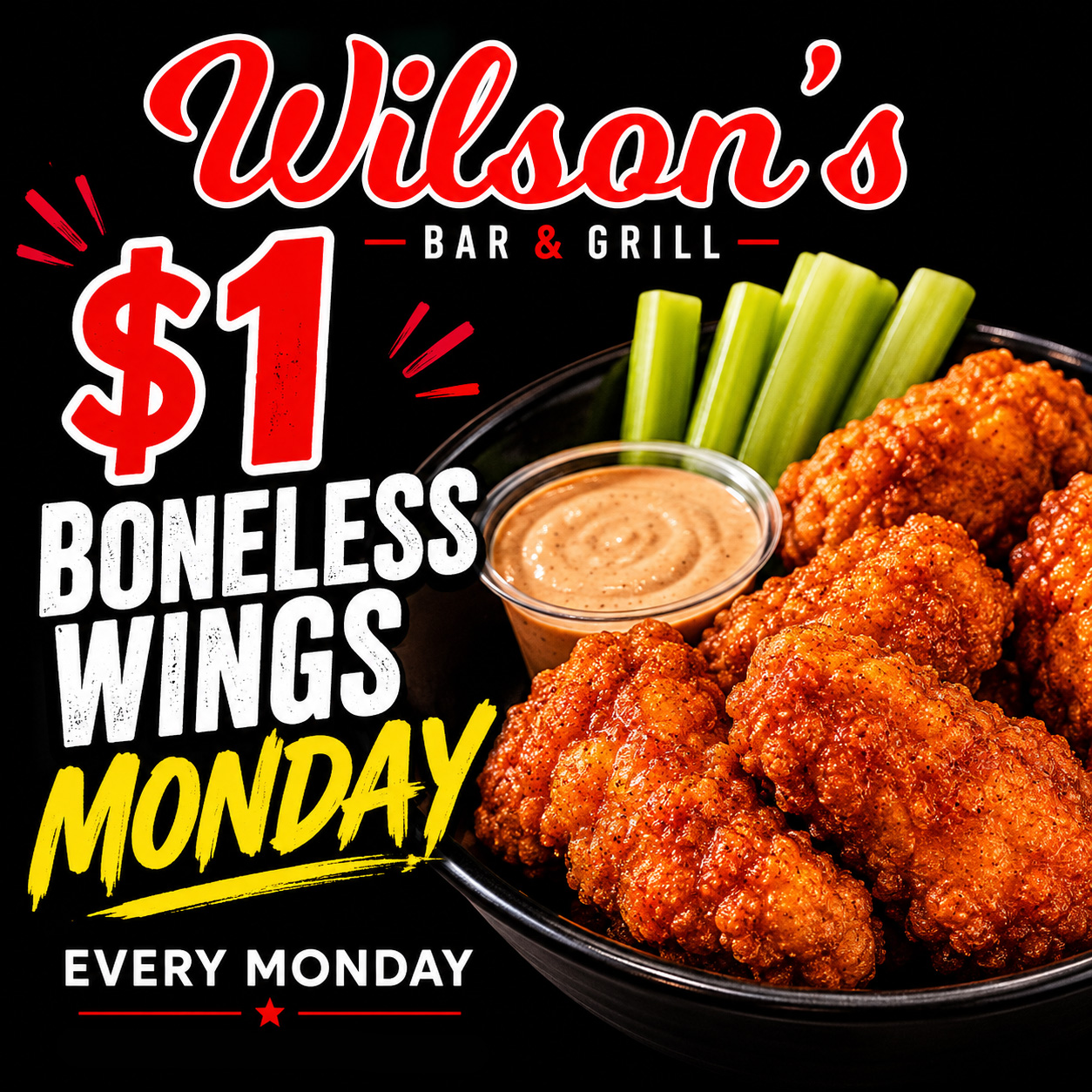 $1 hand-breaded boneless wings Monday special at Wilson’s Bar & Grill in Hilliard