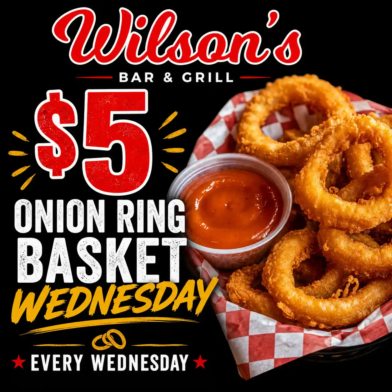 $5 crispy onion ring basket Wednesday special at Wilson’s Bar & Grill in Hilliard