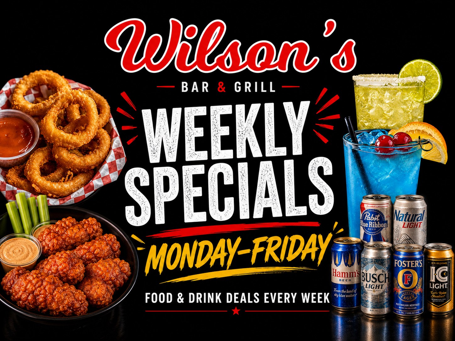 Wilson’s weekly restaurant specials in Hilliard with wings, onion rings, margaritas, cocktails and beer deals
