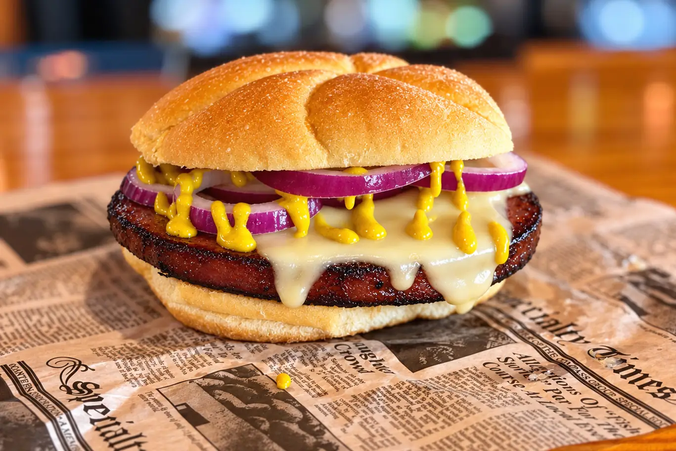 Wilson’s burnt bologna sandwich with melted cheese, red onion, and yellow mustard on a brioche bun