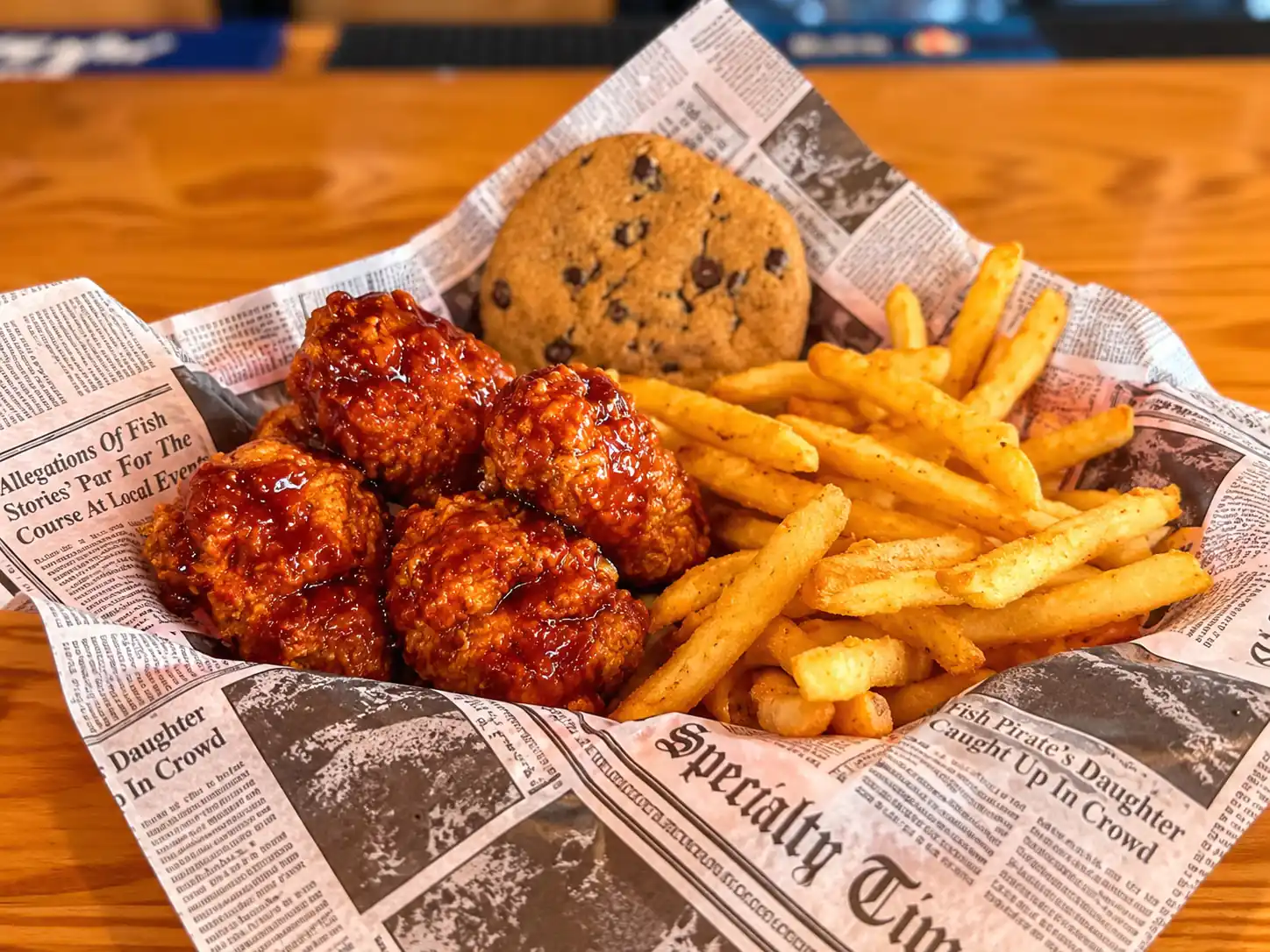Kids BBQ boneless wings with fries and a cookie at Wilson’s Bar & Grill in Hilliard, Ohio