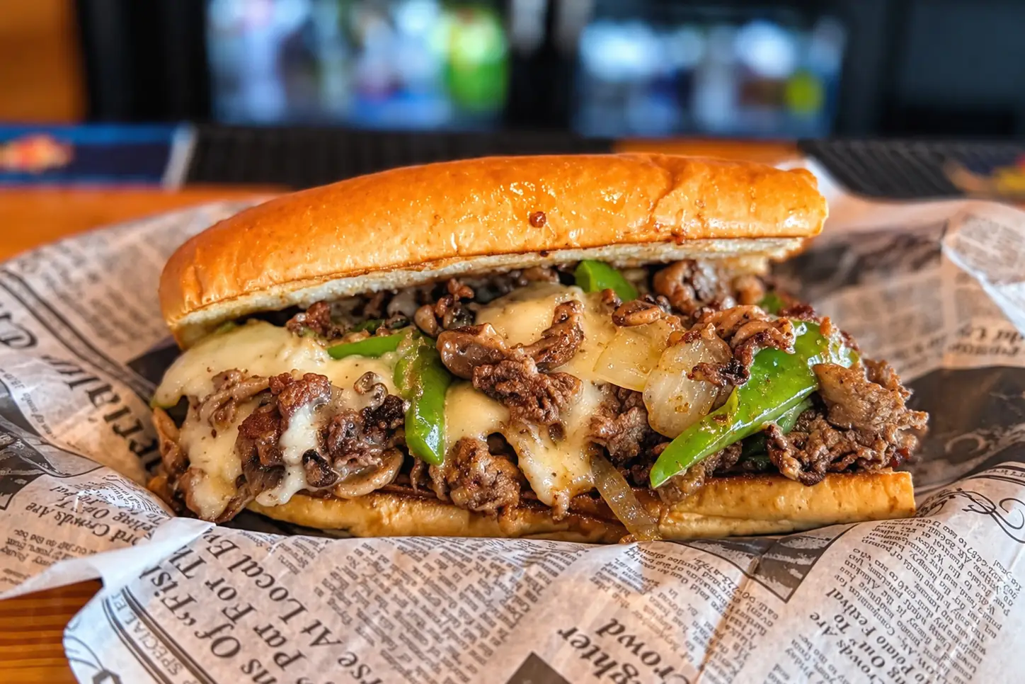 Wilson’s Ribeye Philly Cheesesteak with sliced beef, green peppers, onions, mushrooms, and melted cheese on a toasted roll