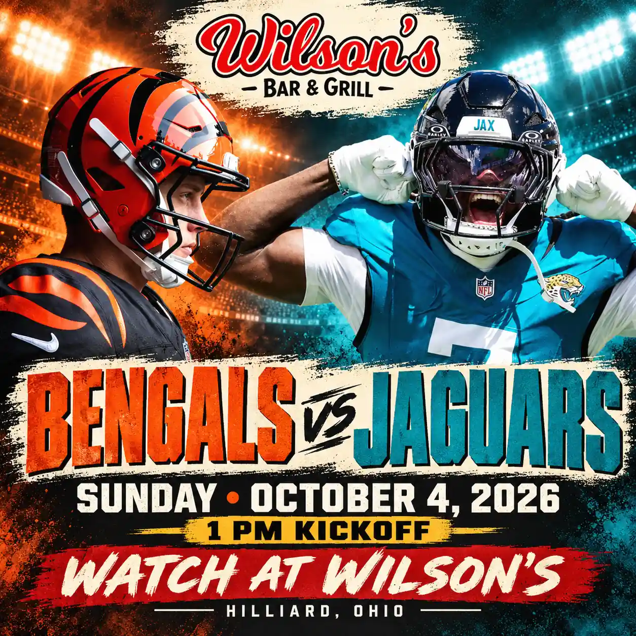 Bengals vs. Jaguars at Wilson's Bar & Grill in Hilliard, Sunday October 4, 2026 at 1 PM.