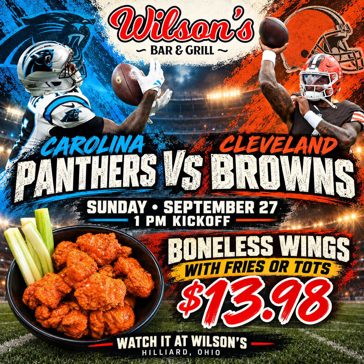 Panthers vs. Browns at Wilson’s in Hilliard, September 27 at 1 PM; Boneless Wings with Fries or Tots for $13.98
