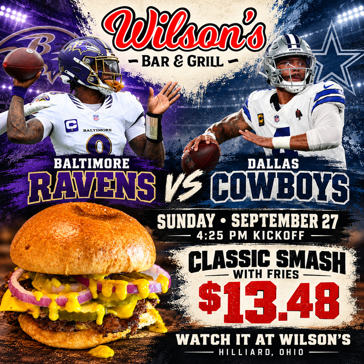 Ravens vs. Cowboys at Wilson’s in Hilliard, September 27 at 4:25 PM; Classic Smash with Fries $13.48