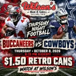 Buccaneers vs. Cowboys in Hilliard at Wilson’s, October 8 at 8:15 PM, with $1.50 retro cans.