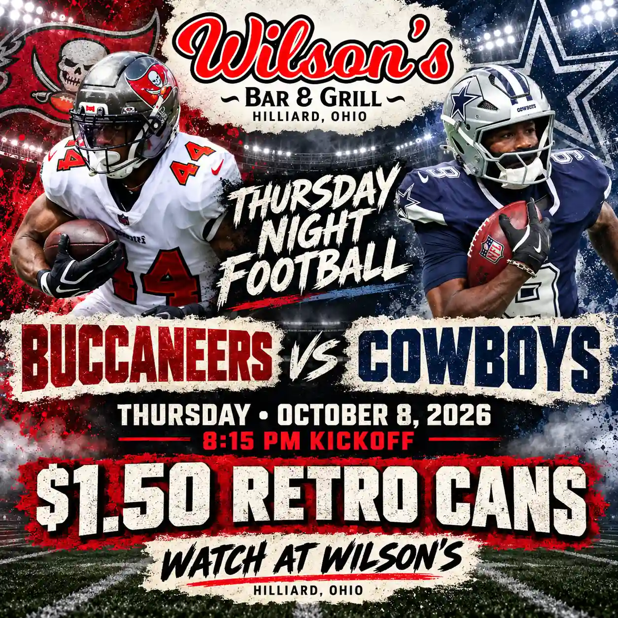Buccaneers vs. Cowboys in Hilliard at Wilson’s, October 8 at 8:15 PM, with $1.50 retro cans.